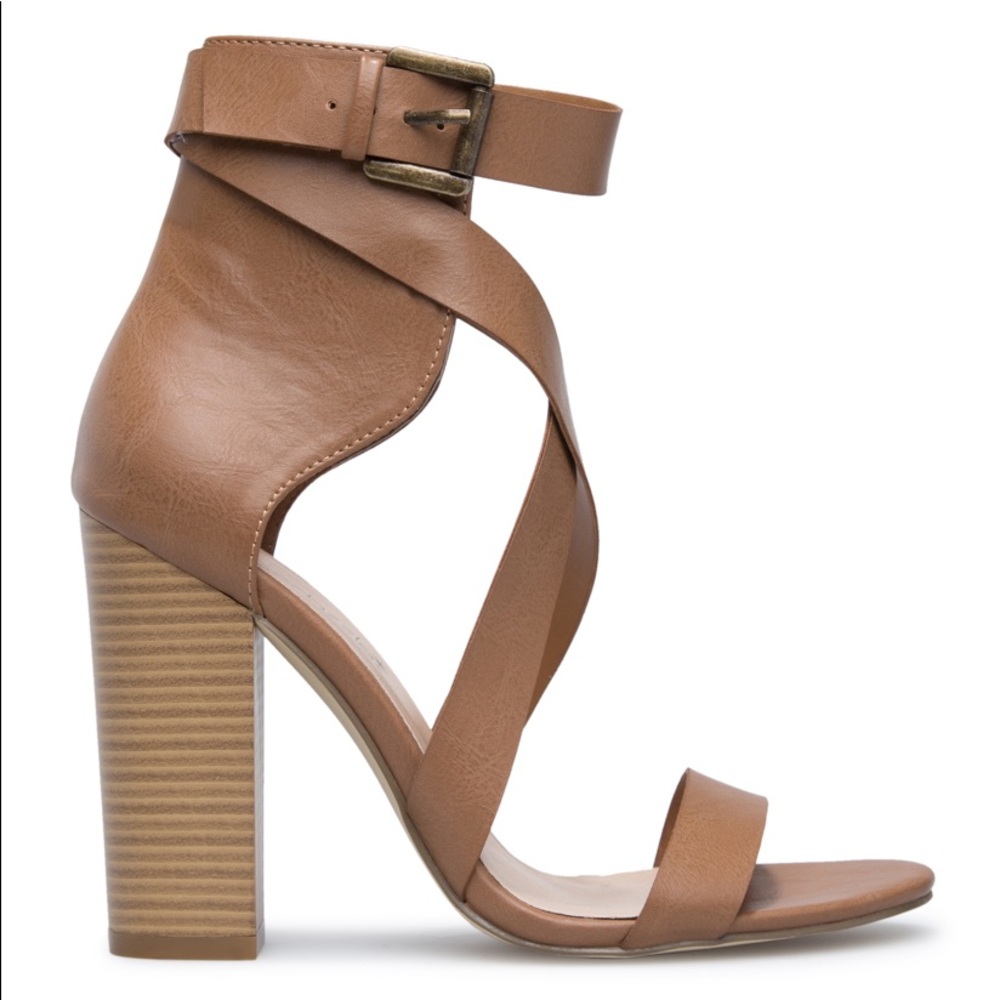 Strappy Block Heel Tan Sandals - Picture 3 of 4